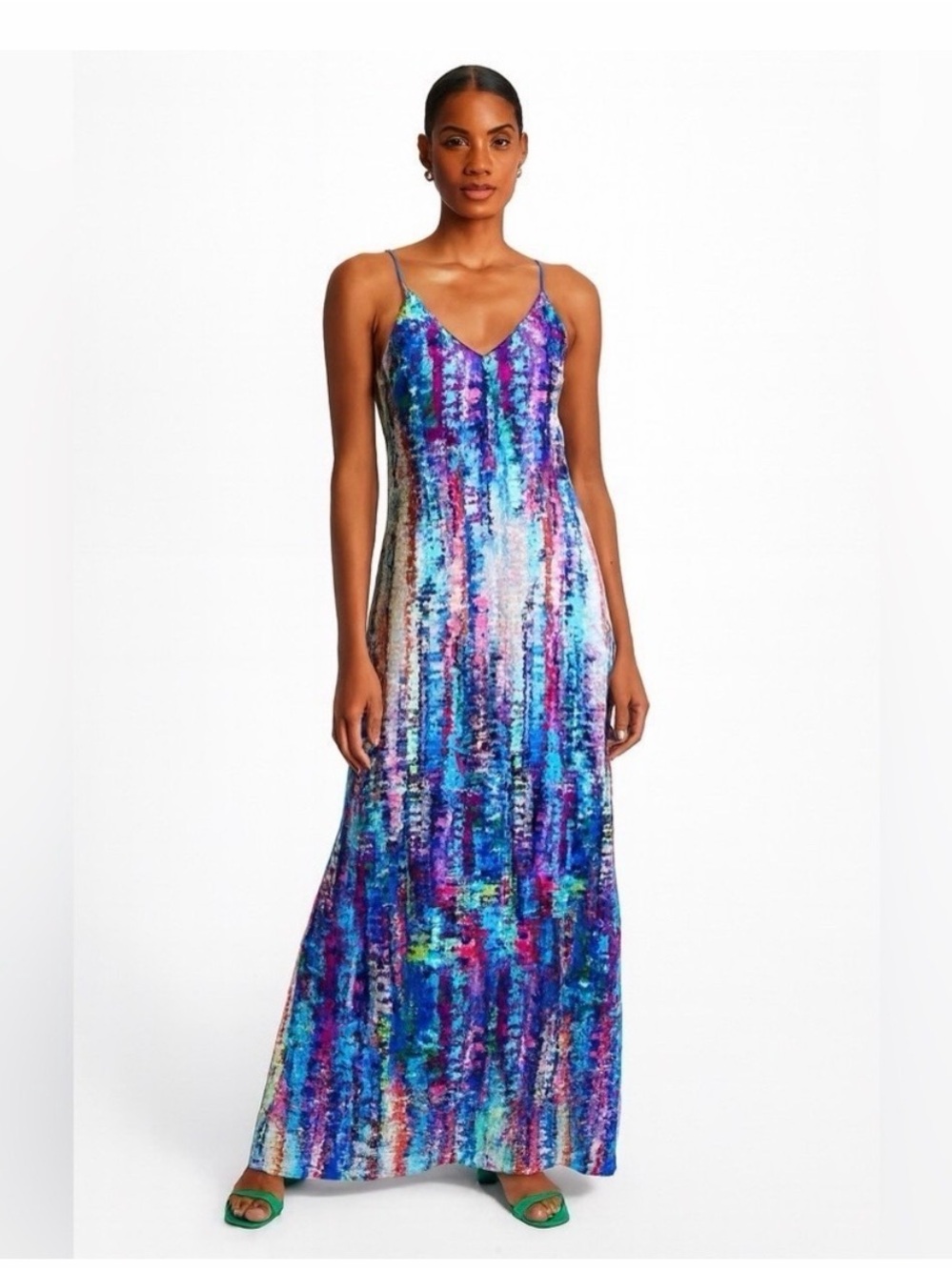 Nicole Miller Blue Purple Watercolor Slip Maxi Dress, Large.